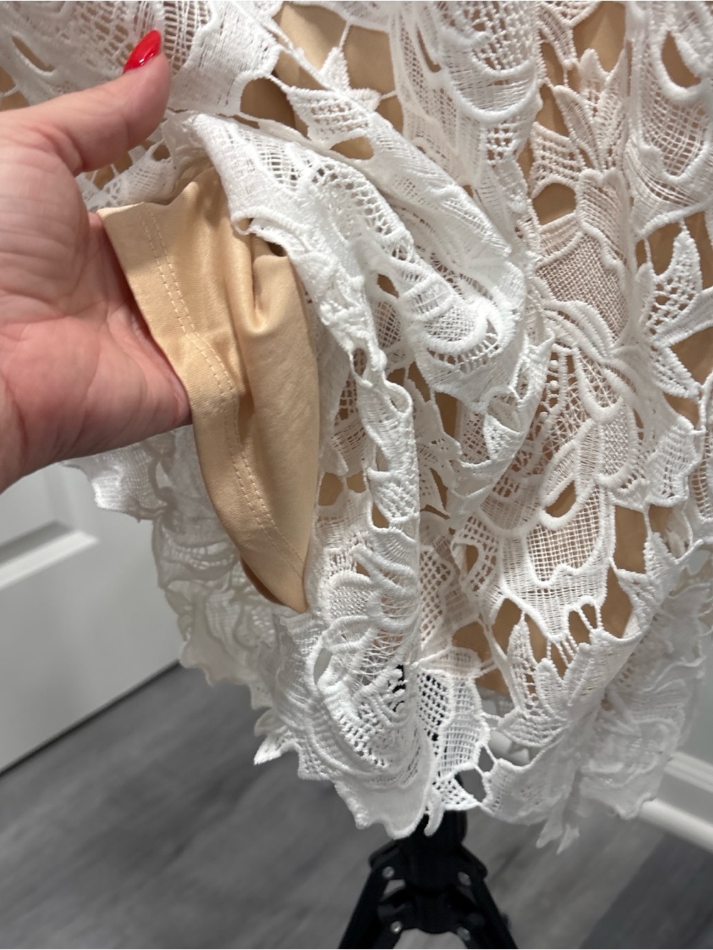Lulu's White Lace Halter Midi Dress with Nude Underlay - Picture 4 of 8
